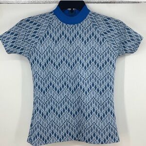 Vintage 70s Wards Blue Diamond Knit Mock Neck Raglan Top Montgomery Ward Small